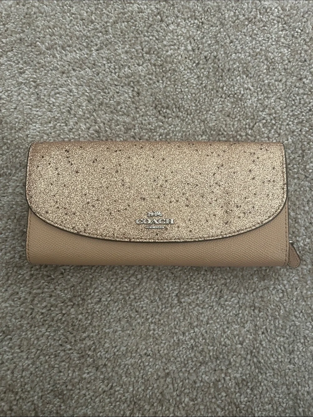Coach Continental Wallet with Gold Glitter Flap and Tan Body